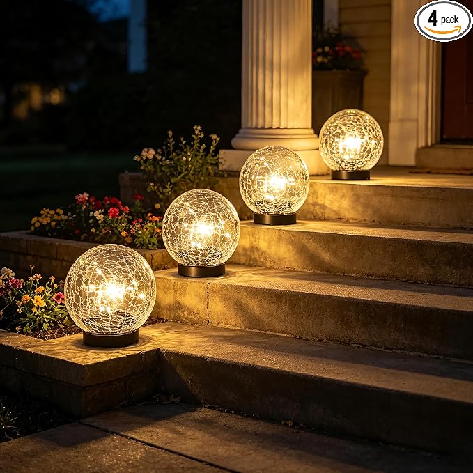 4 Pack 4.72" Warm White Solar Powered Cracked Glass Globe LED Light | Outside Waterproof Decorative Table Ball Lamps, for Garden, Step, Yard, Deck, Pathway, Backyard Decoration Easy to Install