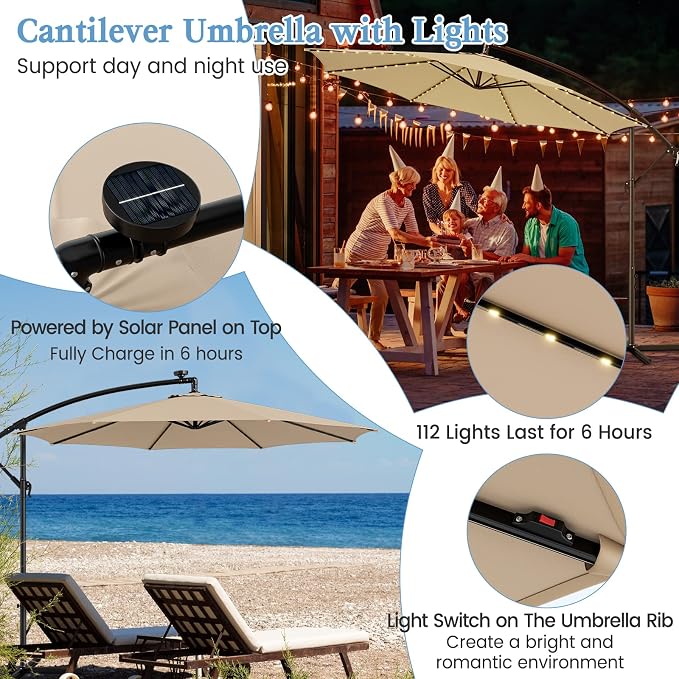HAPPYGRILL 10FT Cantilever Patio Umbrella with Solar Lights, Outdoor Hanging Offset Umbrella with 112 LED Lights, Tilt Design, Crank Handle, Cross Base Stand for Garden Yard Deck