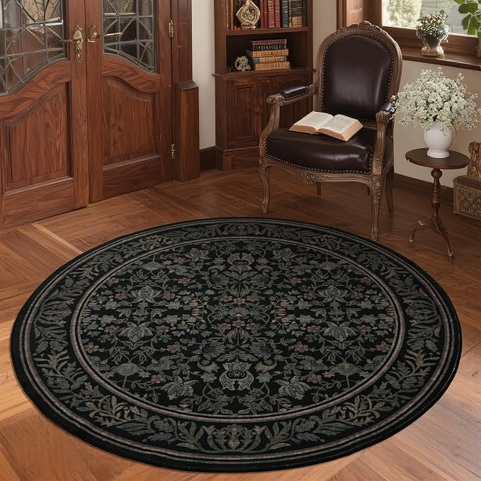 GarveeHome Round Rugs 4ft Washable Circle Rug for Living Room, Black | Boho Vintage Non Slip Soft Low Pile Stain Resistant Indoor Carpet for Bedroom Dining Room Kitchen Entryway Office
