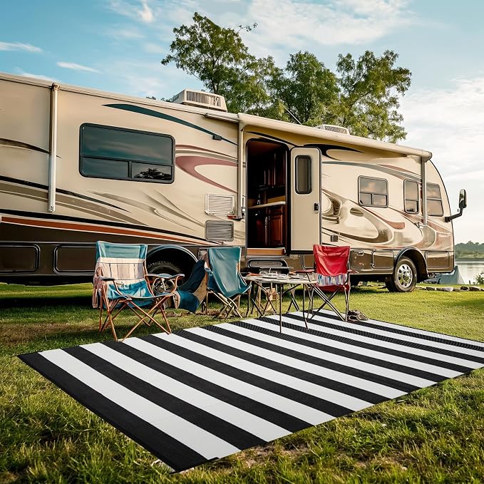 Outdoor Rug 8 x 10 ft, Reversible Plastic Straw Rug for Patio, Waterproof Large Outdoor Carpet for RV, Patio, Camping, Backyard, Deck, Picnic, Beach, Black & White