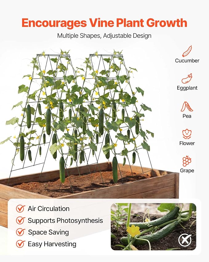 VEVOR Cucumber Trellis, 46" High Foldable A-Frame Garden Trellises for Raised Bed, 4 Panels, Metal Rustproof Outdoor Climbing Plant Support with 2 Plant Bags for Vine, Peas, Beans, Tomato, Flowers
