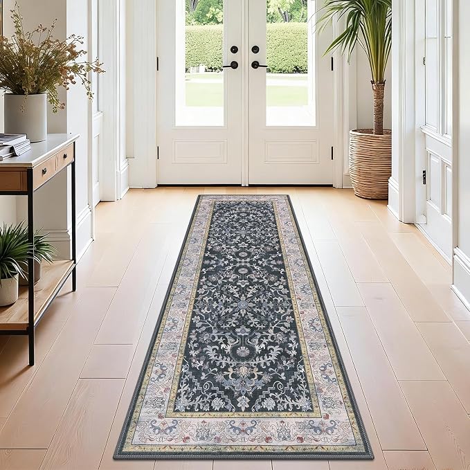 U'Artlines 2' x 6' Boho Hallway Runner Rug, Non Slip Runners, Dark Grey | Washable, Vintage Farmhouse Kitchen Rug, Accent Area Carpet, for Entryway Laundry and Living Room