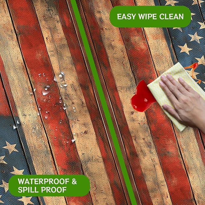 American Flag Picnic Table Cover with Bench Covers and Carrying Bag, Wooden Planks Texture Rectangle Table Cover, Outdoor Patio Camping Essentials 6FT 4PCS, Camping Fitted Tablecloth