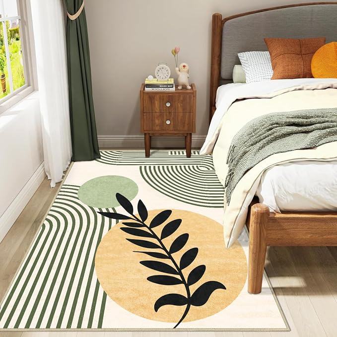 Mid Century Modern Rug 4x6 Green Boho Area Rug for Living Room | Washable Tropical Leave Rugs Geometric Abstract Low Pile Non-Slip Floor Carpet for Dining Room Bedroom Kitchen Office