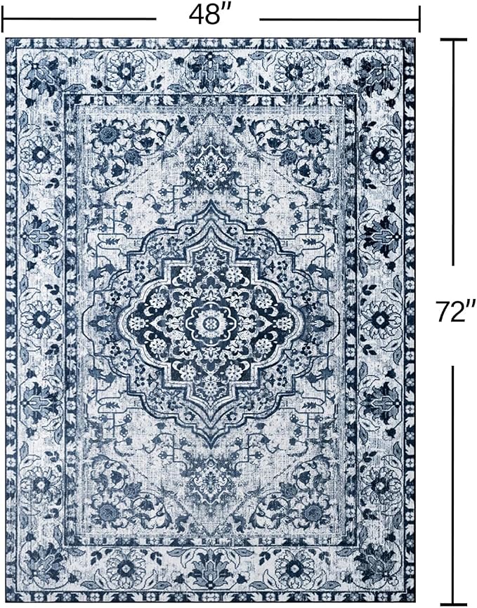 YJ.GWL Area Rugs for Living Room 4x6 Machine Washable Rugs for Bedroom, Non Slip Floral Vintage Rug Indoor Carpet, Stain Resistant Throw Rug for Dining Room Kitchen, Navy Blue