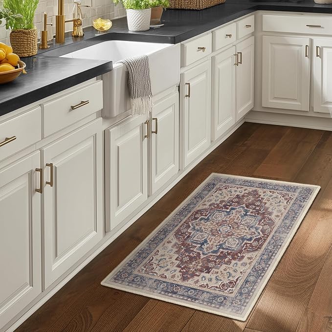 Maroon Blue 2x3 Entryway Rug, Modern Vintage Washable Kitchen Rugs Non Slip, Ultra Thin Medallion Door Mat Indoor Entrance Back Front Door, Small Rug for Inside Entry/Foyer/Bathroom/Bedside