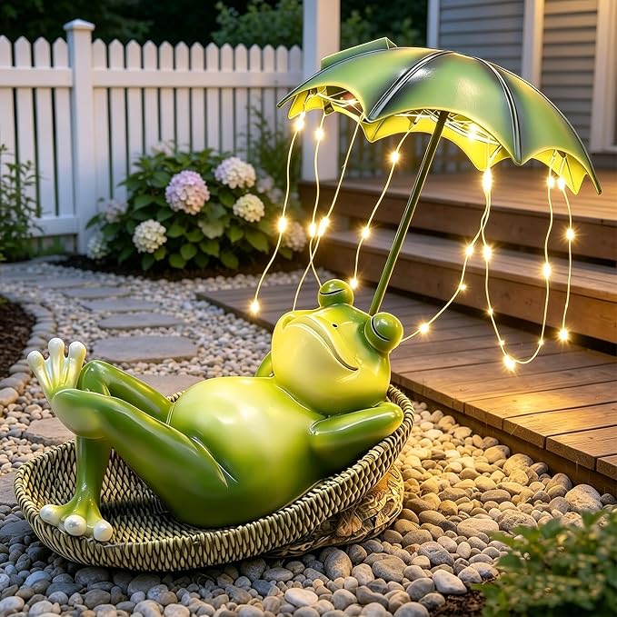 6.7" Solar Frog Garden Statue with Light Up Umbrella - IP65 Waterproof Resin Sculpture, Outdoor Figurine for Patio Yard Pond, Unique Gardening Gifts for Women/Mom