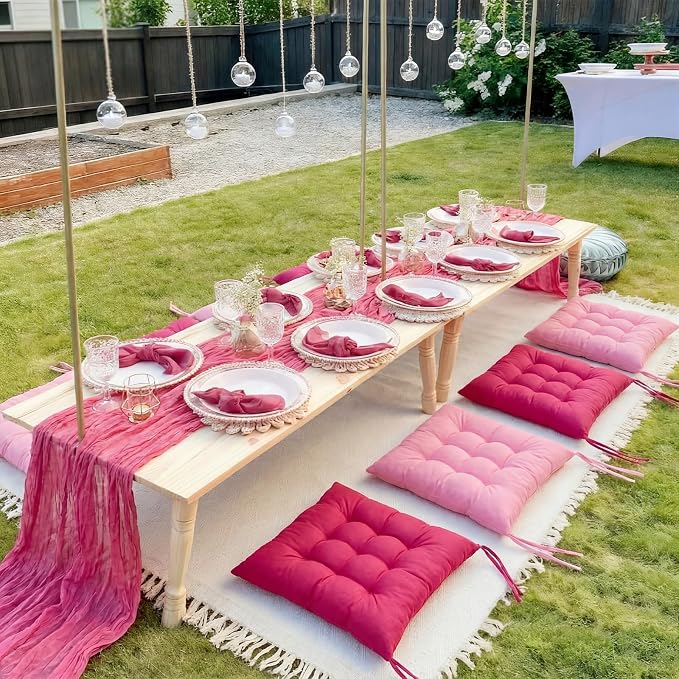 Extra Large Outdoor Picnic Blanket with Table Runner and Floor Pillow Cushion for Picnic Wedding Birthday Baby Shower Backyard Decor(91 x 71'',Rose Red,8 Pcs)