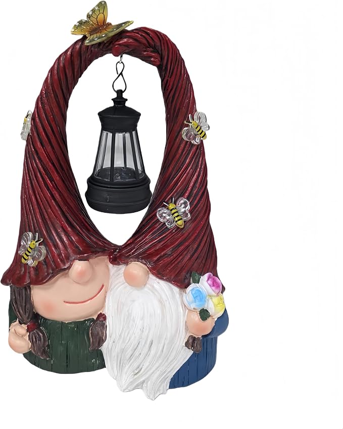 Couple Gnome Decor with Solar Light Lantern Lamp Garden Statue Outdoor Figurine for Yard Patio Unique Perfect Gnomes Gifts for Women Mom Grandma Valentines Decorations