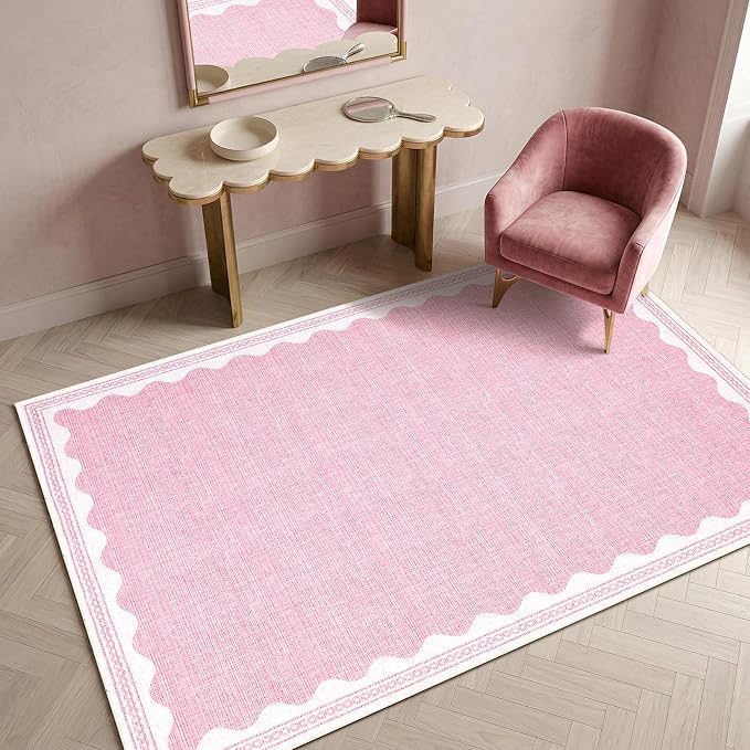 GarveeHome Scalloped 3x5 Washable Rug Non-Slip Low-Pile Indoor Rugs for Entryway Solid Pink Modern Minimalism Carpet for Bedroom Living Room Kitchen Bathroom Indoor Mat