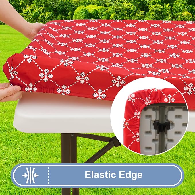 misaya Rectangle Vinyl Table Cloth, Elastic Fitted Tablecloth with Flannel Backing, Waterproof Plastic Table Cover Fits 8 Foot Folding Tables for Picnic, Camping, Indoor and Outdoor (Red, 30" x 96")