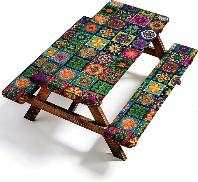 NYZE 3 Pieces Picnic Table Cover with Bench Covers Set, Camping Tablecloth, Tablecloth Cover with Drawstring Bag, Camping Essentials for Outdoor Picnics, Patio, BBQ (Colorful Mandala)
