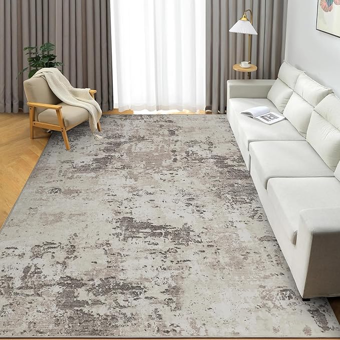 ROYHOME Modern Abstract Area Rug 10x13 Non Slip, Brown Grey | Non Shedding Rug Low Pile Stain Resistant for Bedroom Living Room