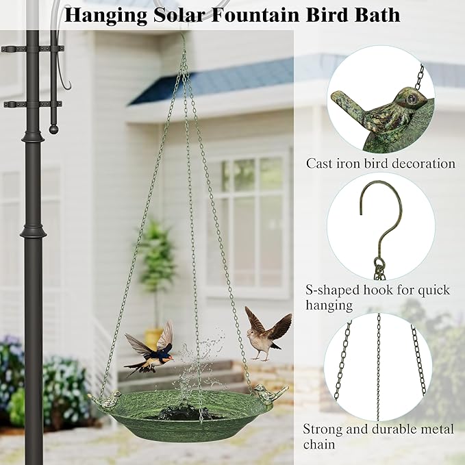 12'' Metal Hanging Bird Bath with Solar Fountain, Vintage Bird Bath Bowl, Bird Feeder with Bird Bath Bubbler for Outdoors, Garden, Patio Decor (Bronze Green)