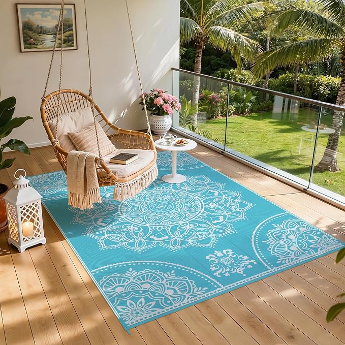 Pauwer Waterproof Outdoor Rug 6x9, Reversible Plastic Straw Patio Camping Rug, Indoor Outdoor RV Mat Carpet for Deck, Camper, Porch, Balcony, Backyard, Picnic, Floral Teal