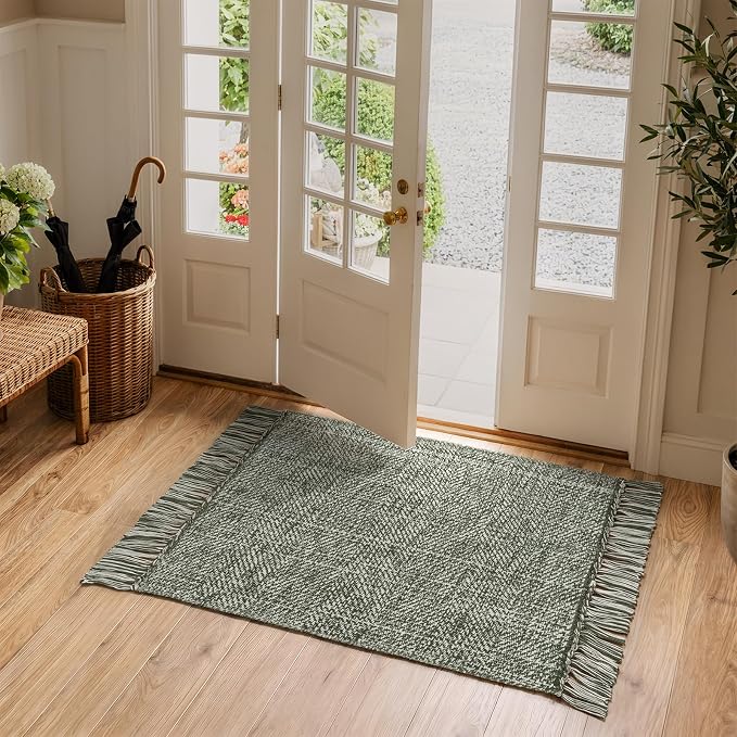 Boho Sage Green Kitchen Runner Rug, 2' x 4.3' Washable Bathroom Rug | Modern Farmhouse Hand-Woven Bathroom Mat, Washable Front Door Mats Reversible Entry Carpet for Laundry Bedroom Porch Decor