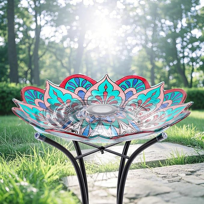 MUMTOP Bird Baths for Outdoors, Glass Large Solar Bird Bath Bowl with Metal Stand, Kaleidoscope Bird Feeders for Outside and Garden, Patio,Lawn Decor (Flower Edge)