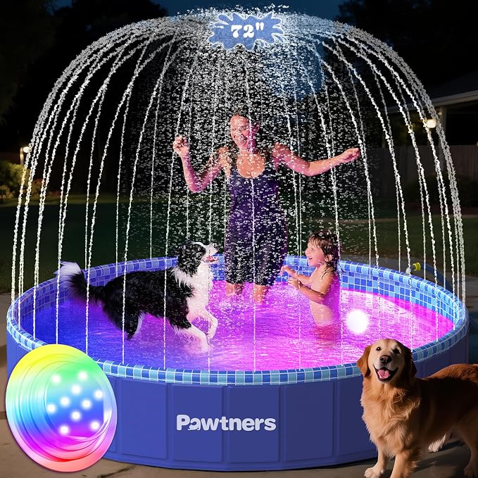 Pawtners Large Foldable Kiddie Pool with Sprinkler & RGB LED Light 72'' | Splash Pad, Wading Pool, Bathing Tub, Hard Plastic, Heavy Duty, Non-Slip, Durable, Scratch Resistant, Suitable for Backyard