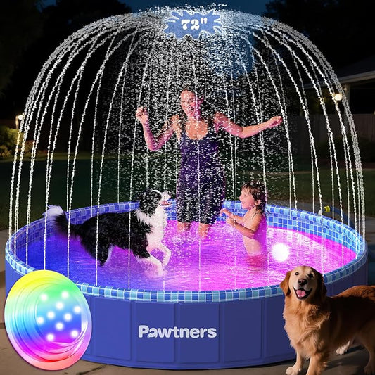 Pawtners Large Foldable Kiddie Pool with Sprinkler & RGB LED Light 72'' | Splash Pad, Wading Pool, Bathing Tub, Hard Plastic, Heavy Duty, Non-Slip, Durable, Scratch Resistant, Suitable for Backyard