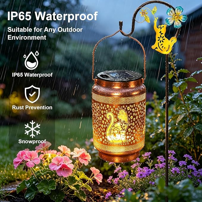 Cat Solar Lanterns Outdoor Waterproof Solar Garden Decor, Birthday Gifts for Women Mom Grandma, Metal Hanging Lights with Shepherd Hook for Outside Yard Patio Pathway Backyard Porch