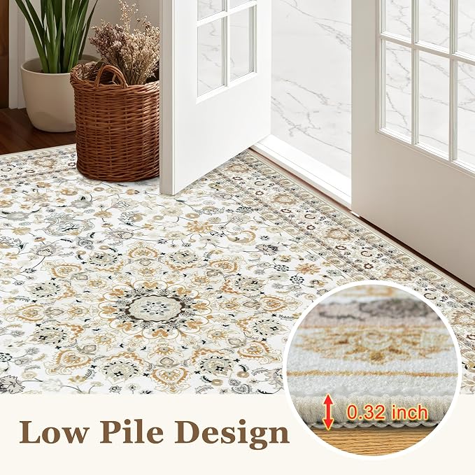 2x3 Area Rugs Living Room: Washable Vintage Rug for Bedroom Beige | Boho No Slip Stain Resistant Rug Soft Indoor Decor Floor Floral 2x3 Area Rugs for Dining Room, Nursery, Hallway, Home Office