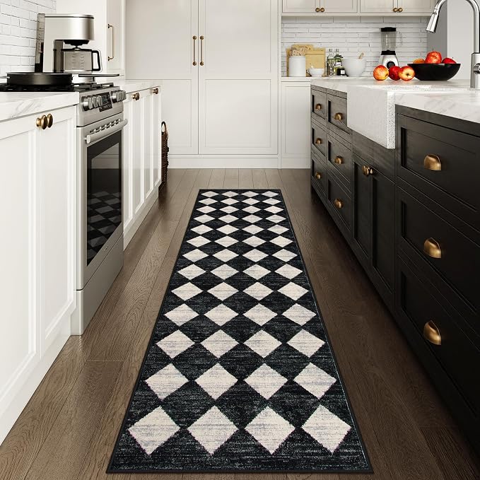 Lahome Zelie Checkered Washable Rug Runners for Hallways Non Slip,2x10 Black Kitchen Bathroom Runner Rug,Trellis Low Pile Indoor Carpet Runner for Bedroom Entryway Foyer(2'x10',Black)