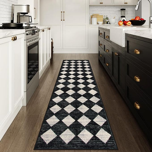 Lahome Zelie Checkered Washable Rug Runners for Hallways Non Slip,2x10 Black Kitchen Bathroom Runner Rug,Trellis Low Pile Indoor Carpet Runner for Bedroom Entryway Foyer(2'x10',Black)