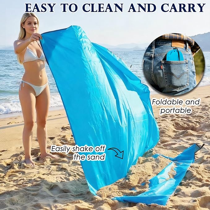 Fammart Pocket Picnic Blanket Sandproof Waterproof, Portable Lightweight Camping Tarp, Quick Dry Foldable Compact Beach Mat with Corner Pockets & Stakes for Festivals Hiking Outdoor Essentials