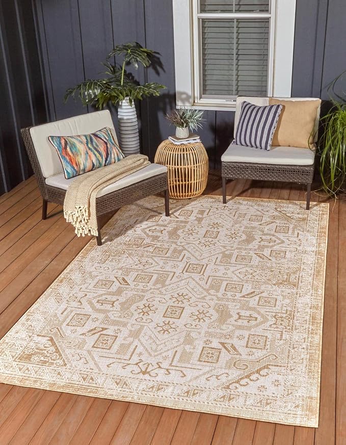 Unique Loom Outdoor Aztec Collection Area Rug - Coba (10' x 13' 1" Rectangle, Natural/ Ivory)