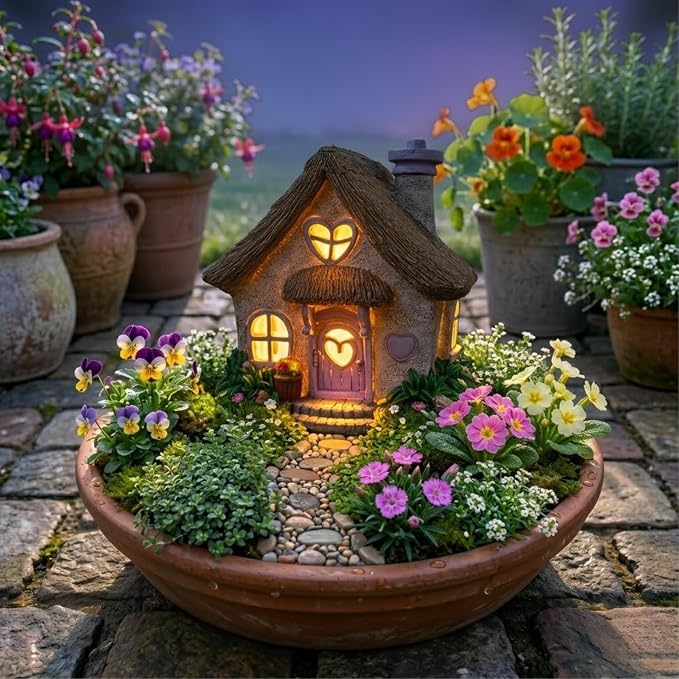 PRETMANNS Fairy House for Outside with Solar Powered LED Lights for Garden - Fairy Garden Houses for Outdoor - Miniature Accessories for Cottage Decor for Village - 7.56” High, Lavender