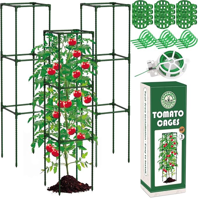 ROADPLUM 3 Pack 48" Tomato Cages for Garden, Plastic Coated Steel Pipe Heavy Duty Adjustable Tomato Stakes Trellis Plant Cages for Vegetable, Fruit, Flower, Rose Vine Climbing Plants