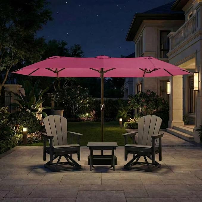 15FT Large Patio Umbrella with Base Included, Double Sided Outdoor Market Umbrella with Flexible Fiberglass Ribs, UV-Blocking Extra Large Umbrella for Garden, Pool, Deck, Rose Pink