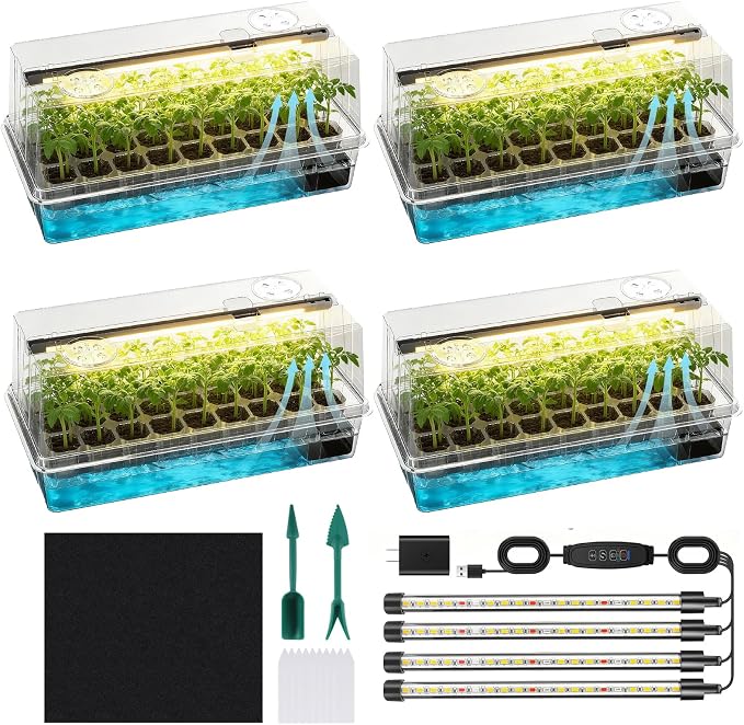 Seed Starter Tray Self Watering, Seed Starter Kit with Grow Light, Full Spectrum Grow Light for Seedling with Timer, Indoor Plant Grow Tray for Beginners & Seasoned Gardeners (144 Cells)