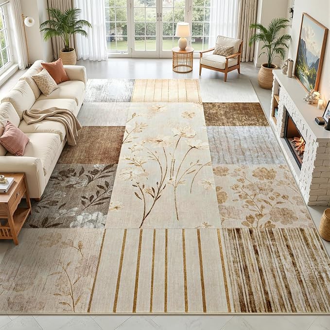 DweIke Floral Rugs for Living Room, 4x6 Washable Area Rug for Dining Room Farmhouse Office Bedroom Decor, Geometric Patchwork Stain Resistant Low Pile Indoor Floor Throw Rugs, Beige