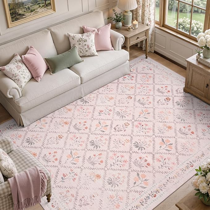 DCX Washable 6x9 Pink Floral Rug for Girls Bedroom | Soft Cottagecore Rug for Baby Girl Nursery, Non Slip Low Pile, Kid & Pet Friendly Vintage Botanical Carpet