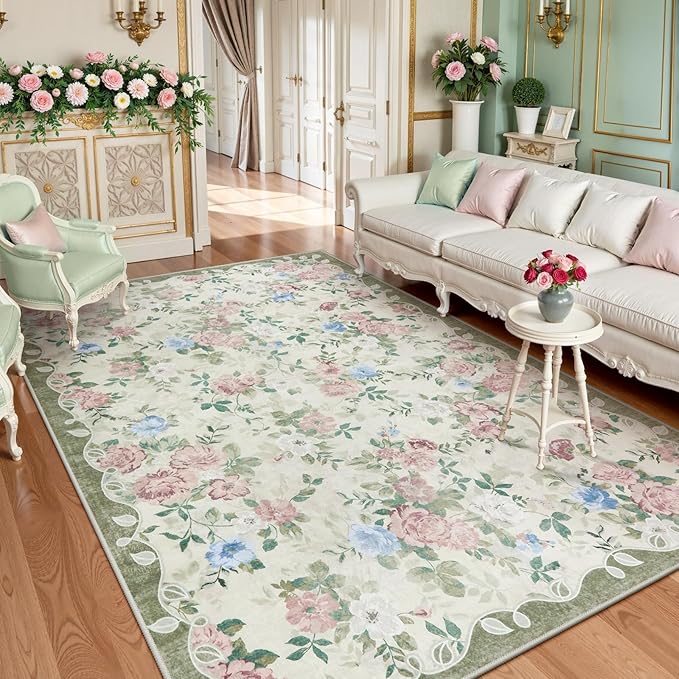 Lahome Green Floral Washable Rug 5x7, Boho Area Rug for Bedroom | Vintage Living Room Rugs Non Slip Low Pile Ultra-Thin Large Carpet for Farmhouse Dining Room Kids Playroom Nina (Cream/Green)