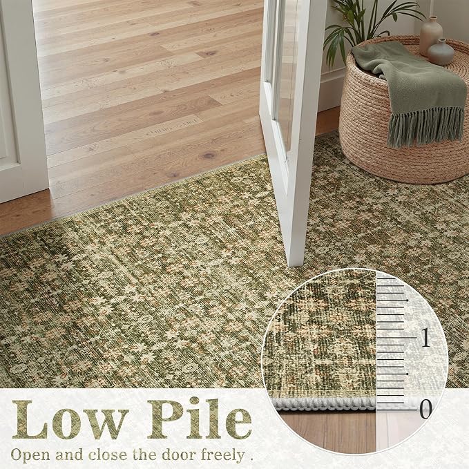 DCX 2x3 Neutral Rug, Kid & Pet Friendly with Rubber Back Non Slip, Machine Washable Stain Resistant Olive Green Floral Rug for Living Room, Bedroom, Soft Low Pile Large Nursery Carpet