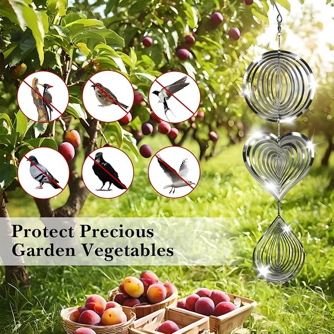 CHONOVO Stainless Steel Reflective Device, Round Bird Devices Set Highly Reflective 3D Wind Spinners Outdoor Garden Decor for Outside Window Roof Yard Orchards 12 Discs 4 Pcs