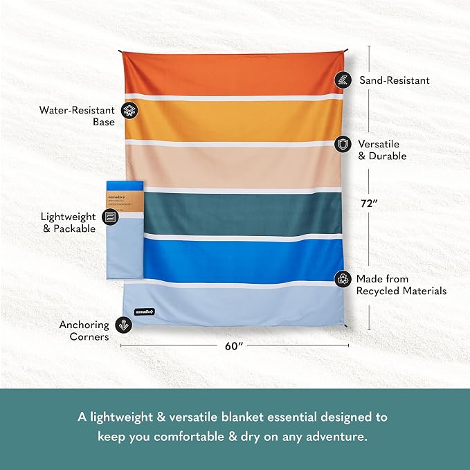 Nomadix Festival Blanket - Perfect for Picnics, Camping, & Lawn Seating - Plush Top & Water Resistant Base - Made with Post Consumer Recycled Materials - Stripes Retro - 60x72 in