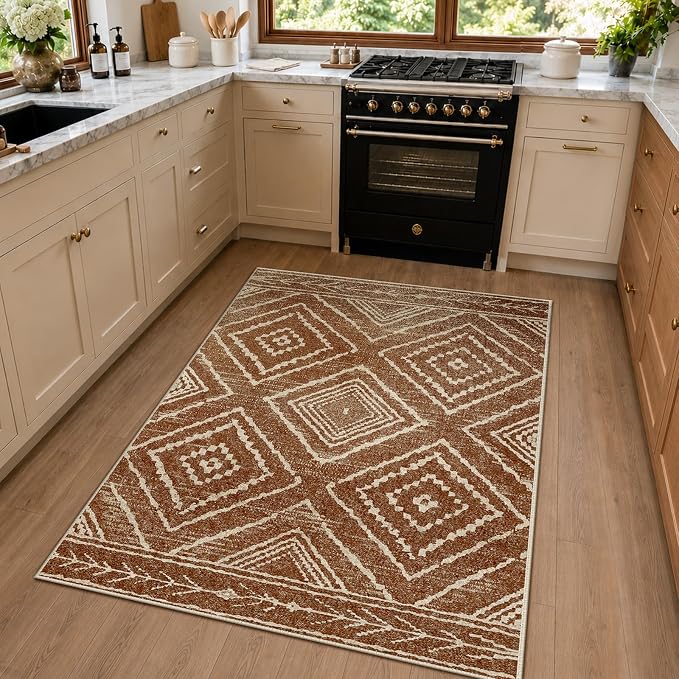 4'x6' Washable Area Rug for Living Room Bedroom Yellowbrown | Soft Western No Slip Low Pile Print Foldable Indoor for Kitchen Dining Room