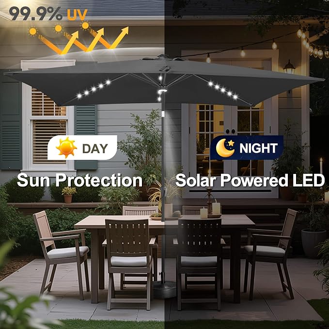 6.5x10 FT LED Lighted Rectangular Solar Patio Umbrella, Rectangular Solar Umbrella Outdoor with Center Ring Light 28 LED Lights, Rectangle Table Umbrella for Deck, Pool, Beach, Anthracite