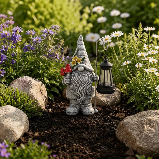 Garden Gnome with Solar Lantern: Outdoor Weatherproof Statue | Home Yard Lawn Porch Balcony Patio Decor,Birthday Gifts for Mom Women Grandma