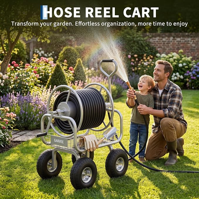 Garvee Garden Hose Reel Cart with Wheels, Hold Up to 300 ft of 5/8" Hose, Heavy Duty Water Hose Reel with Storage Basket, Mobile Outdoor Hose Storage for Garden, Yard, Farm