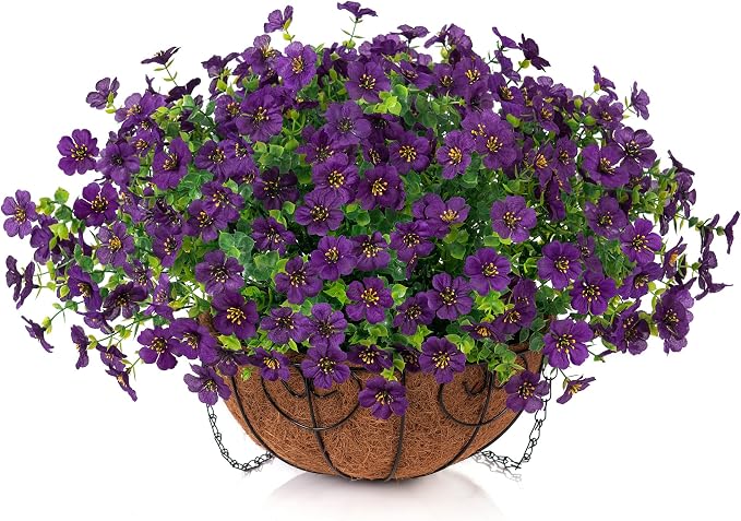 HyeFlora Artificial Fake Hanging Plants Flowers with Basket Outdoor Decor Faux Silk Dasiy Flower Arrangements in Pot Planter for Porch Home Indoor Patio Garden Yard Decoration