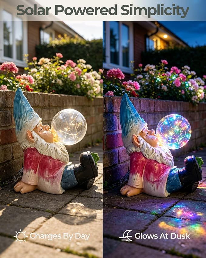 Solar Garden Gnome Statue with Colorful Glowing Bubble Light | Waterproof Resin Garden Statue, Outdoor Garden Decor for Patio, Yard, Lawn & Pathway, LED Figurine Light, 7.6 Inch
