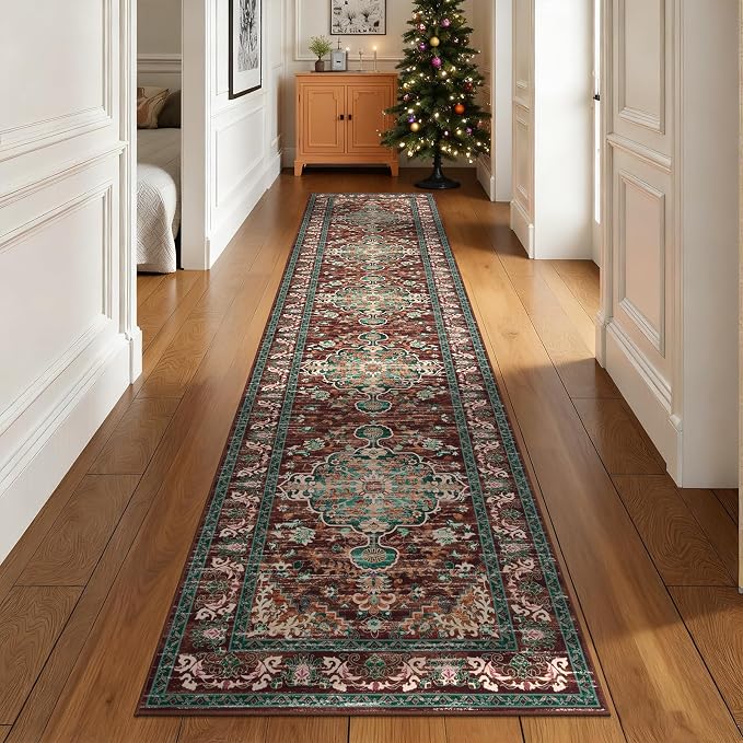 U'Artlines 2' x 12' Boho Hallway Runner Rug, Washable Carpet, Rust＆Teal | Non Slip, Long, Vintage Farmhouse Accent Area Rug Carpet, for Kitchen Entryway Laundry and Living Room