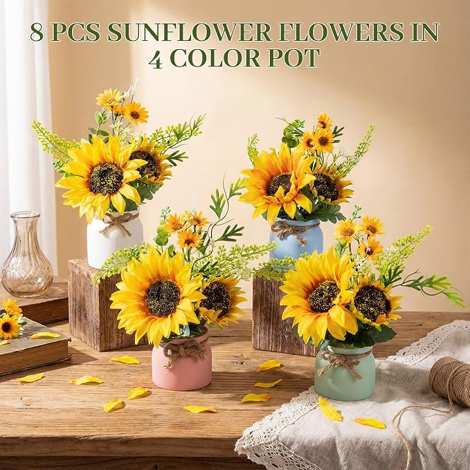 Zeyune 8 Pcs Sunflower Potted Plants Rustic Summer Spring Kitchen Wedding Table Centerpieces Silk Yellow Fake Flower with Plastic Pot for Home Bathroom Office (4 Colors,Sunflower)