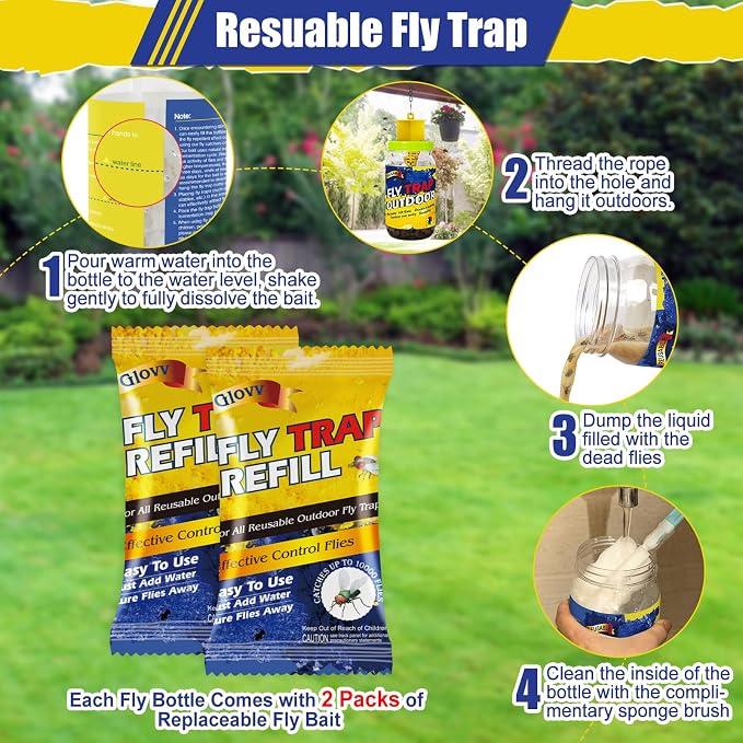 3 Pack Reusable Fly Traps Outdoor Bottles, Fly Killer Catcher Jar with 6 Natural Fly Bait Refills Lure, Flies Bug Insect Trap Control for Outside Barns, Stable, Patio, Hanging Chain, Brush Included