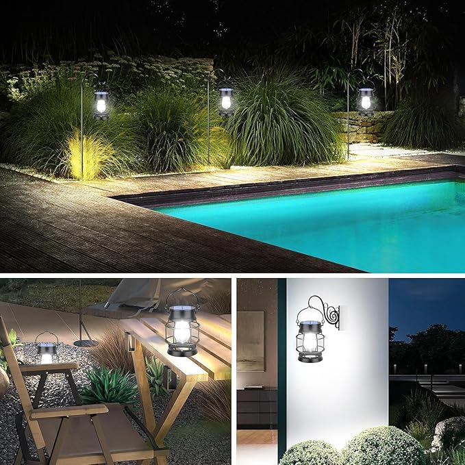 TomCare Solar Lanterns Lights Outdoor Waterproof Metal Hanging Solar Lights Lantern for Outdside Decorative Patio Porch Garden Lawn, 2 Pack (Cool White)