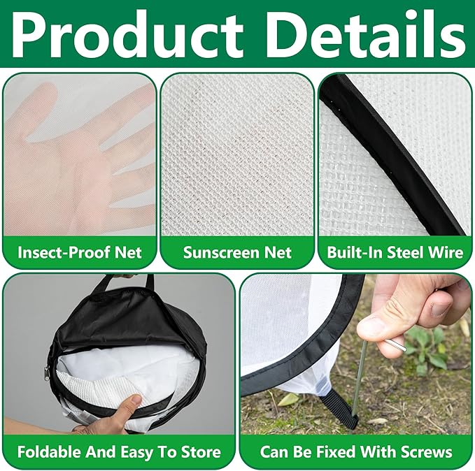2 Pcs Pop Up Garden Netting Bug and Shade Covers, 30" x 28" x 28" Plant Sun Shade Top Bird Netting Tents, Insect Barrier Sun Protection Plant Cover Tent for Outdoor Plants Vegetables Fruits (White)